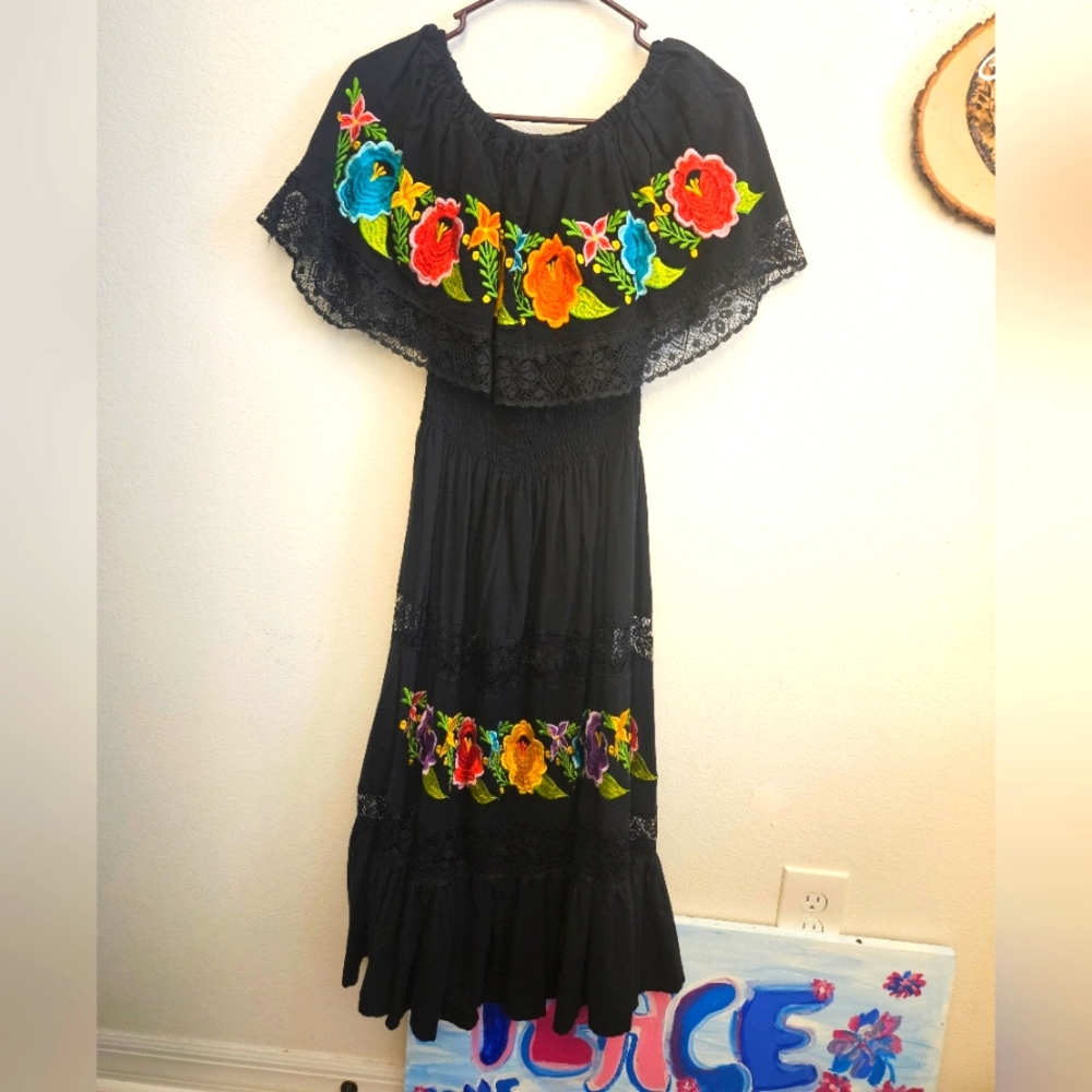 Beautiful BLACK DRESS with Embroidery FLOWERS (2,4)